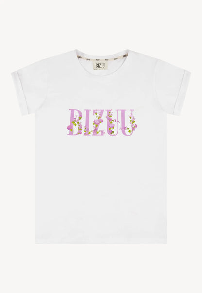 T-shirt z nadrukiem i podwiniętymi mankietami FLORINA biały