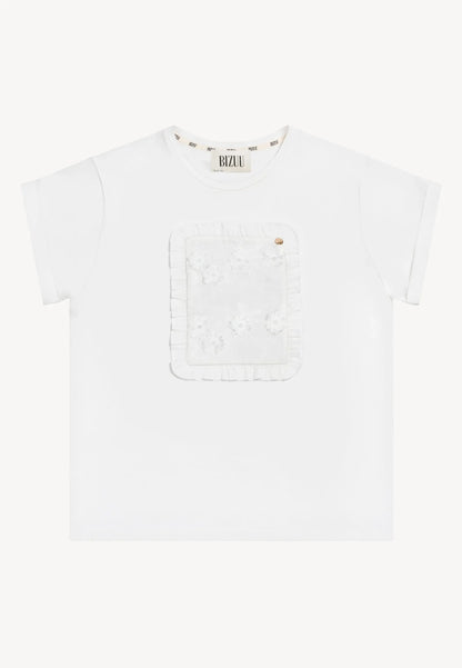Kremowy T-shirt z haftowanymi kwiatami MIRADO
