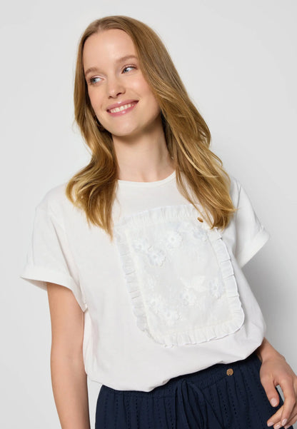 Kremowy T-shirt z haftowanymi kwiatami MIRADO