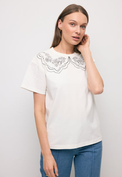 Kremowy t-shirt damski z nadrukowanym kołnierzem COLLARY
