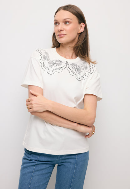 Kremowy t-shirt damski z nadrukowanym kołnierzem COLLARY