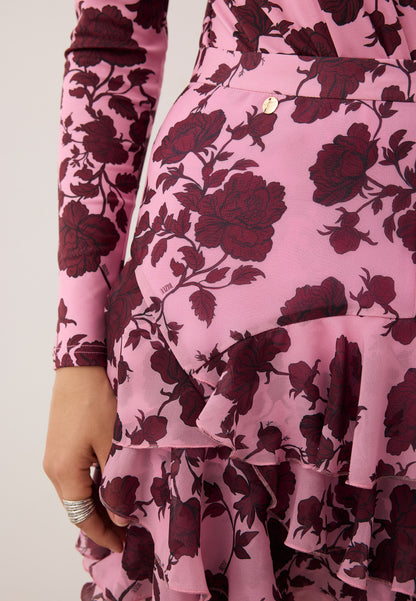 Kopertowe body i mini spódniczka w kwiaty