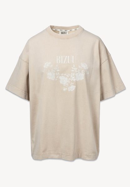 Beżowy t-shirt PAPLYS z kwiatowym nadrukiem