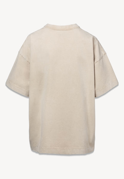 Beżowy t-shirt PAPLYS z kwiatowym nadrukiem