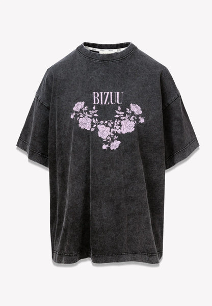 Grafitowy t-shirt PAPLYS z kwiatowym nadrukiem