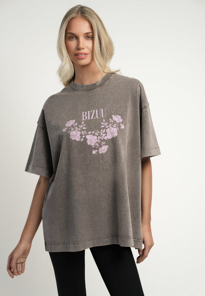 Taupe T-shirt PAPLYS oversize z kwiatowym nadrukiem