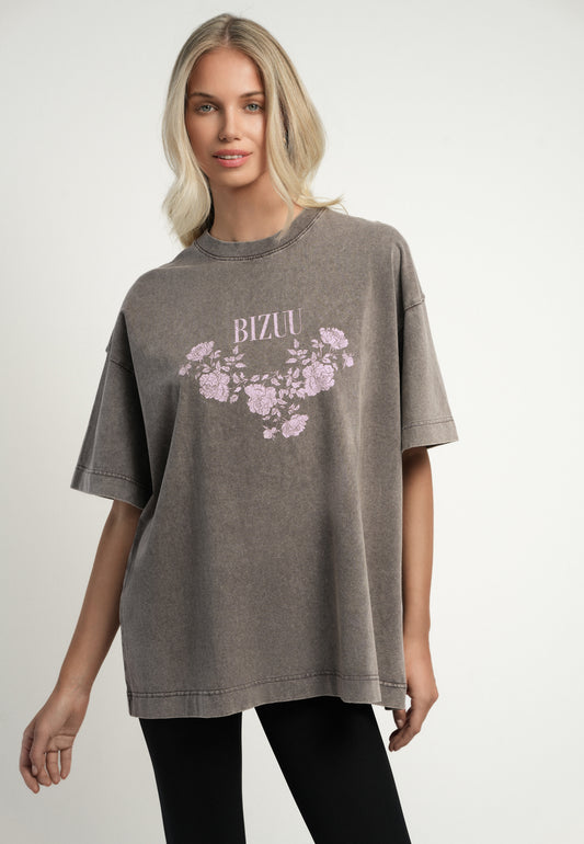 Taupe T-shirt PAPLYS oversize z kwiatowym nadrukiem