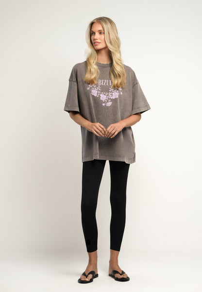 Taupe T-shirt PAPLYS oversize z kwiatowym nadrukiem