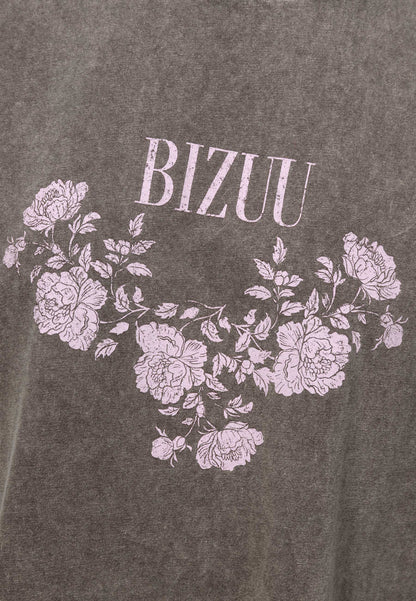Taupe T-shirt PAPLYS oversize z kwiatowym nadrukiem