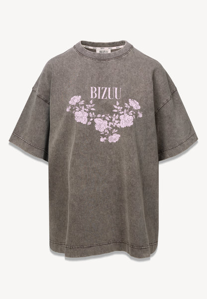 Taupe T-shirt PAPLYS oversize z kwiatowym nadrukiem